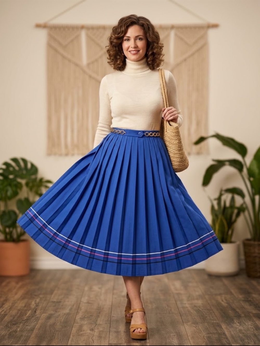 Vintage authentic classic Pleated Blue Midi Skirt  Contrast Stripes 25”-28”